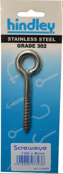 Hindley Screw Eye Stainless Steel 100mm x 8mm Carded