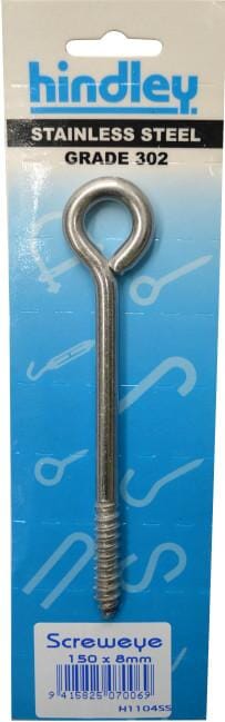 Hindley Screw Eye Stainless Steel 150mm x 8mm Carded