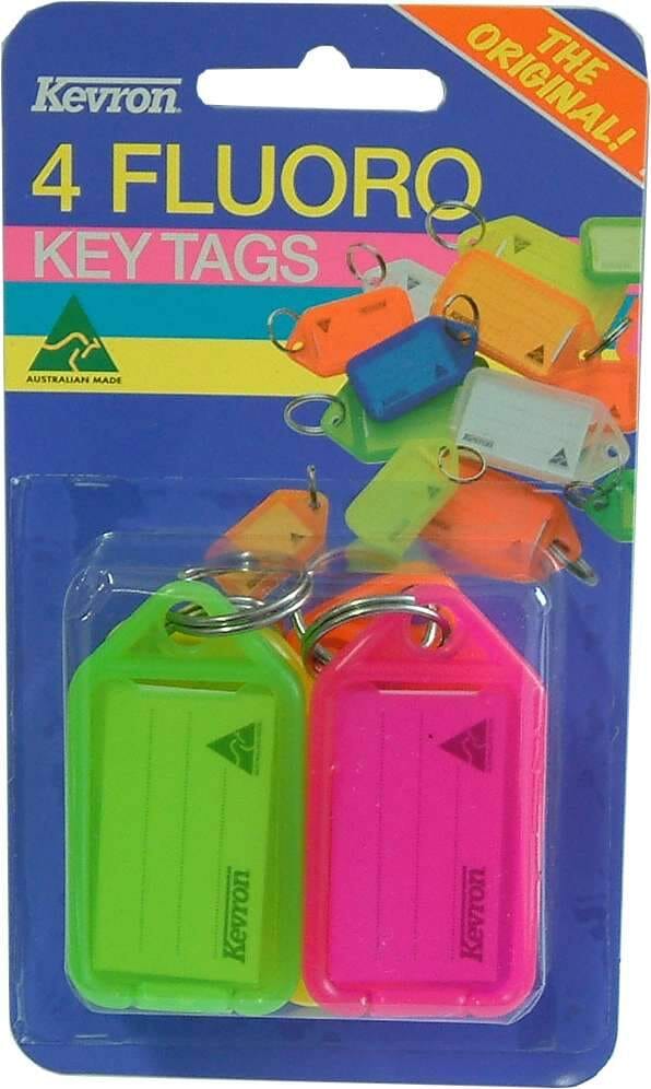 Kevron Key Tag Holders with Label - Fluoro 4-pce Carded